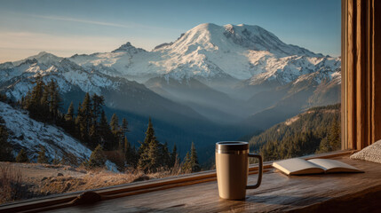 A steaming cup of coffee and open notebook sit on a wooden ill overlooking a breathtaking mountain range covered in snow du a tranquil morning scene.