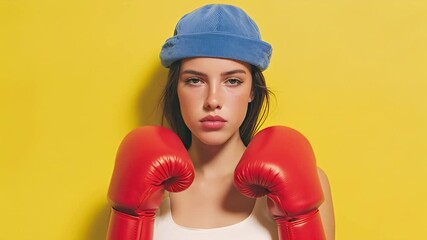 Confident young woman boxer wearing red gloves and blue hat serious portrait - Powered by Adobe