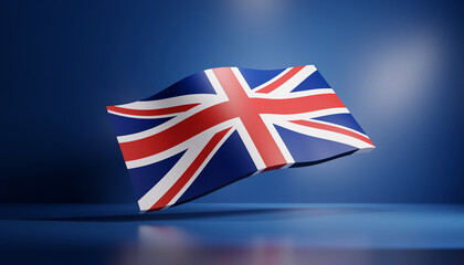 Stylized 3D design of the British flag floating mid-air with soft shadows and modern