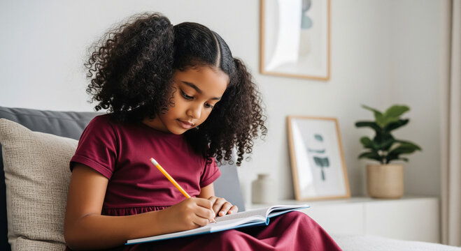 Indian school girl is writing attentively in her notebook