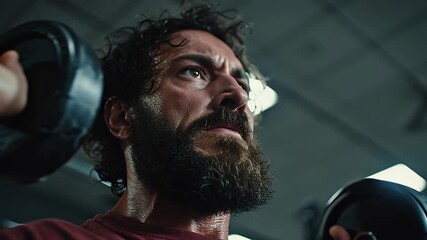 Bearded Man Lifting Dumbbells Intense Gym Workout Close Up