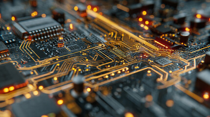 A close-up view of a complex circuit board illuminated with glowing lights, showcasing the intricate pathways and electronic components