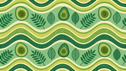 Seamless pattern with avocado and leaves on a green background.