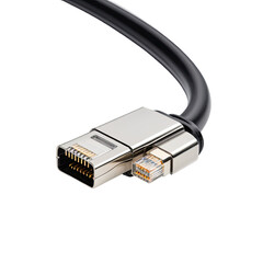 Close-up of black cable with two different silver and gold connectors