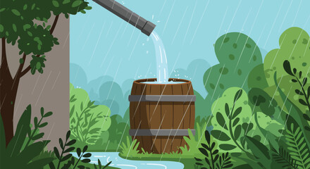 Rainwater Harvesting Illustration, Rain Gutter Directing Water into Wooden Barrel, Eco Garden Water Conservation Concept, Sustainable Gardening Vector