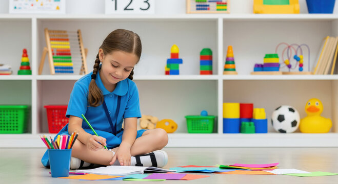 A little girl with braided hair sits cross-legged on the floor in a colorful classroom
