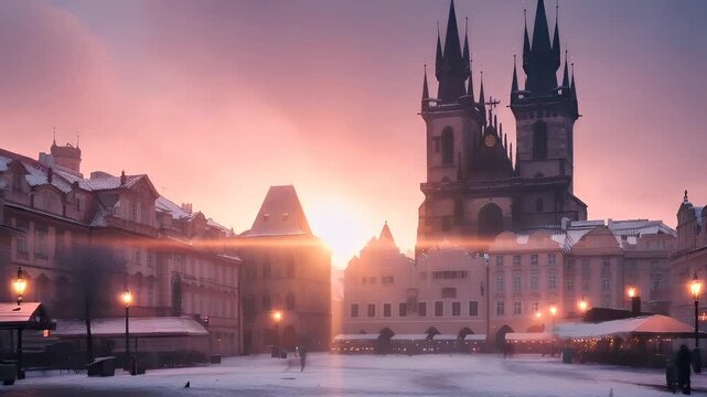 Prague, Czech Republic, Europe. A detailed, atmospheric cityscape captured during a misty, early morning or late afternoon setting.