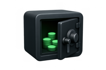 Opening safe box revealing stacks of green coins, symbolizing financial security, savings, and investment protection