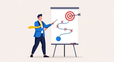 Businessman Presenting Strategy Plan and Hitting Target on Whiteboard.