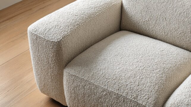 Boucle fabric detail on a modern minimalist sofa, providing a comfortable and cozy textured surface for contemporary interior design, highlighting a soft neutral upholstery material