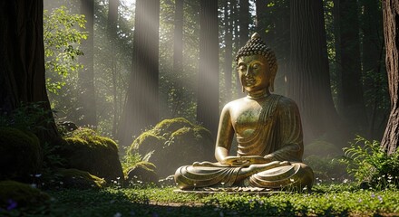 Golden Buddha Statue in Enchanted Forest Sunlight