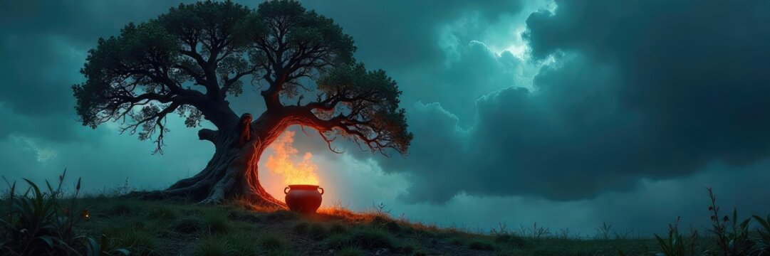 A gnarled, ancient oak tree stands silhouetted against a stormy sky, with a cauldron bubbling mysteriously at its base, suggesting a wicked brewing of witchcraft ,  brewing,  magic