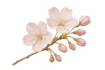 Cherry blossom branch showing delicate pink sakura flowers and closed buds, representing spring, nature, and growth. Transparent background