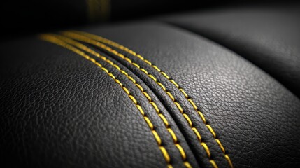 Black textured automotive leather showcasing impeccable yellow stitching, representing modern car interior design, luxury craftsmanship, and attention to detail