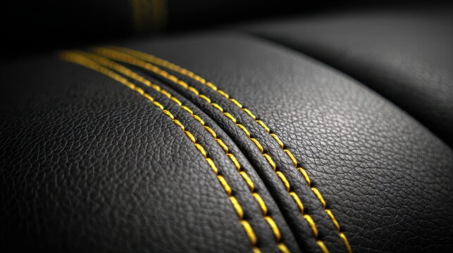 Black textured automotive leather showcasing impeccable yellow stitching, representing modern car interior design, luxury craftsmanship, and attention to detail