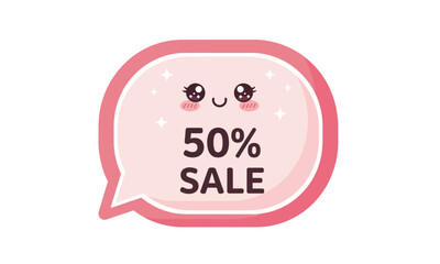 Cute Kawaii 50 Percent Sale Illustration with Pink Speech Bubble – Adorable Discount Promotion Design