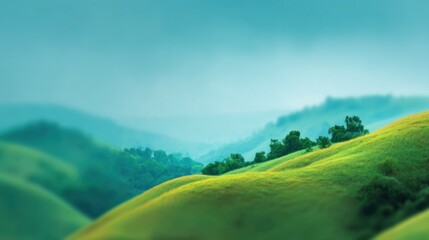 Fototapeta premium Serene Landscape with Rolling Green Hills and Misty Blue Sky Over Lush Greenery in Tranquil Natural Setting for Peaceful Escape and Reflection