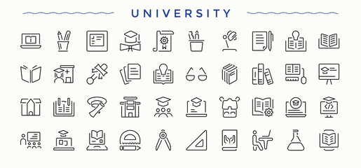 University icon set in linear style. Minimalist icons collection. Learning icon pack. Featuring academy, scholar, school, scholarship, study, college and more.