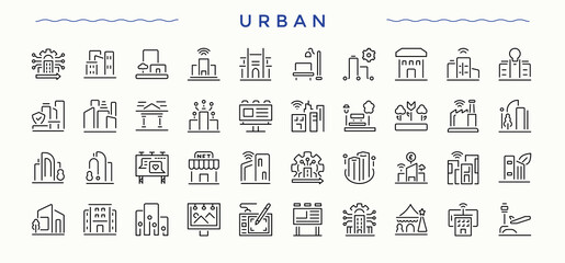 Urban icon collection. Building minimal icons collection. Vector outline icons collection. City linear icon set. Editable stroke collections.