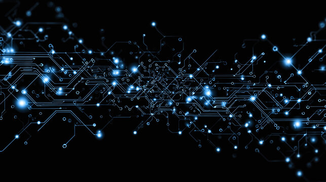 A network of connected digital circuits with blue luminous nodes on a black background