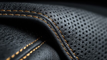 Black perforated leather upholstery detail showcasing orange stitching, creating a luxury car interior texture with high quality craftsmanship and modern design