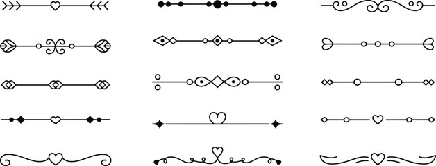 Fototapeta premium Set of 15 decorative black and white line dividers, elegant minimalist vector borders, vintage ornate line art elements