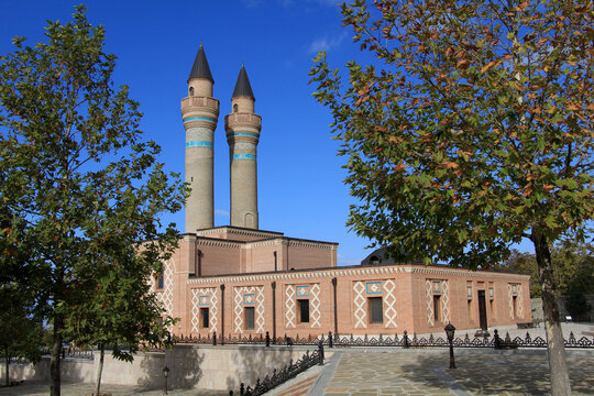 The Karabakh Zawiya and Mausoleum was built in the 12th-14th centuries. The structure's brick and tile decorations are striking. Nakhchivan, Azerbaijan.