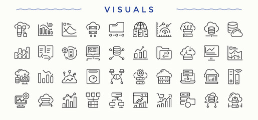Visuals icon set. Audit minimalist icons collection. Icons for website. Document line icon set. Editable stroke vector art.