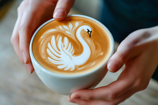 Barista hands holding a white cup with beautifully crafted swan latte art, focusing on skill, perfect milk foam, and creativity
