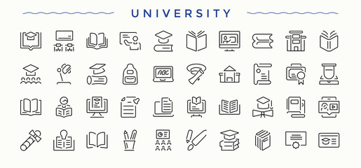 University icon pack. Minimal thin line web icons set. Study line icon set. Pack of college, higher education, academic, graduation, student and more.