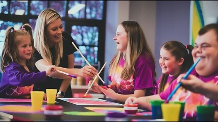 Art class with adults and children painting together - Powered by Adobe