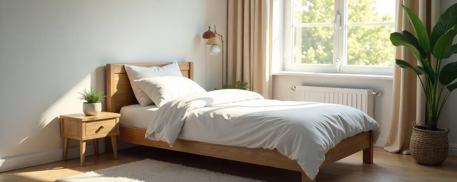 A neatly made single bed in a minimalist bedroom, fresh linens, sunlight streaming through a window, clean and organized space, ready for a peaceful night's sleep , bedding, organized, peaceful