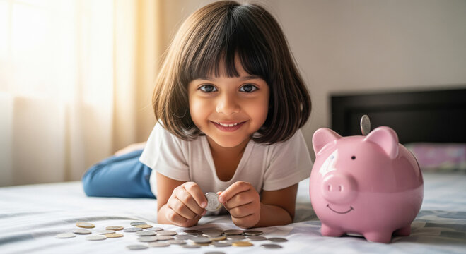 A little girl gleefully saves coins in a piggy bank while sitting on the carpet at home.