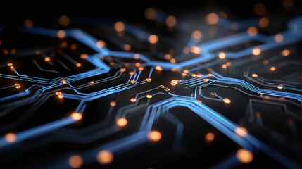 Abstract illustration of a circuit board with glowing lights and intricate pathways. The image embodies futuristic technology and innovation