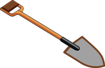 Realistic shovel icon, wooden handle and steel blade.