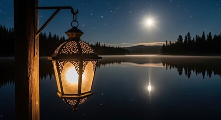 Moonlit night lantern reflection on tranquil lake