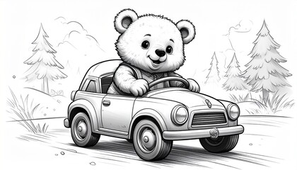 Teddy Bear Driving Car Coloring Page.