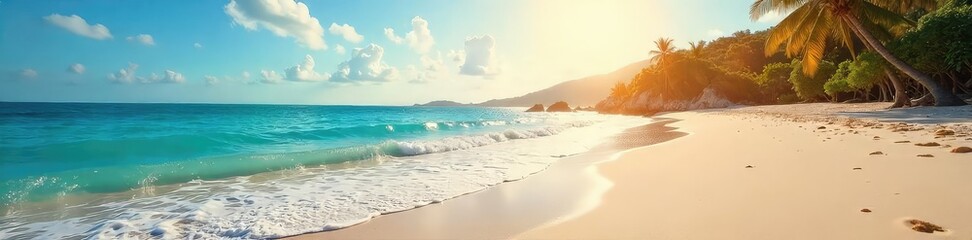 Obraz premium A serene, sun-drenched beach scene with gentle waves lapping the shore, perfect for relaxation and vacation themes Ideal for travel brochures or websites , seaside, sun