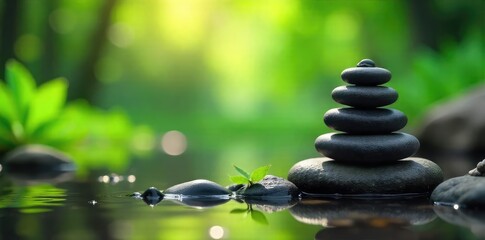 A serene scene depicting a balanced arrangement of natural elements, suggesting equilibrium and harmony Perfect for concepts of zen, mindfulness, and inner peace , elements, serenity