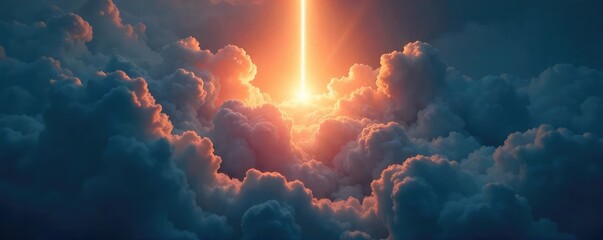 Fototapeta premium A single beam of light pierces through dark clouds, illuminating a hopeful path forward; symbolic of innovation and future possibilities , majestic, breakthrough, progress