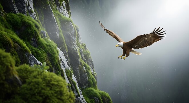 Bald eagle flying near a mossy cliff on a foggy day