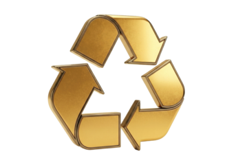 Golden recycle symbol PNG isolated on transparent background, 3D rendering of universal recycling sign for environmental awareness