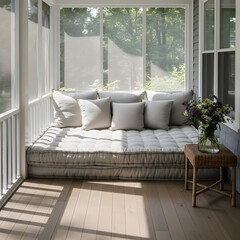 Cozy sunroom sofa with garden view