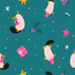Naklejka premium Christmas Seamless Pattern with Cute Platypus, Australian Wildlife Holiday Design with Gifts and Stars.