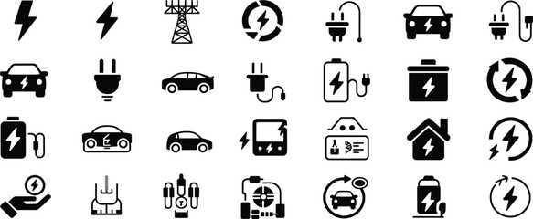 Set of 25 black and white electric energy icons featuring power, battery, plug, car, charging, and renewable energy symbols