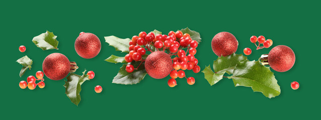 Fototapeta premium Red ornaments and holly leaves spread a cheerful holiday vibe