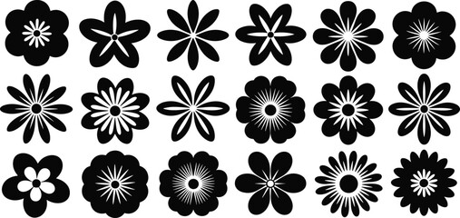 Set of 20 black and white floral icons and geometric flower silhouettes, minimalist vector design elements for patterns and logos