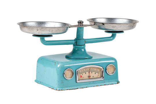 Vintage turquoise kitchen scale with metal bowls on black background