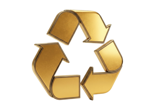 Golden recycle symbol PNG isolated on transparent background, 3D rendering of universal recycling sign for environmental awareness