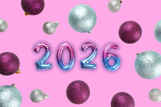 Bright ornaments surround the number 2026 on a festive background